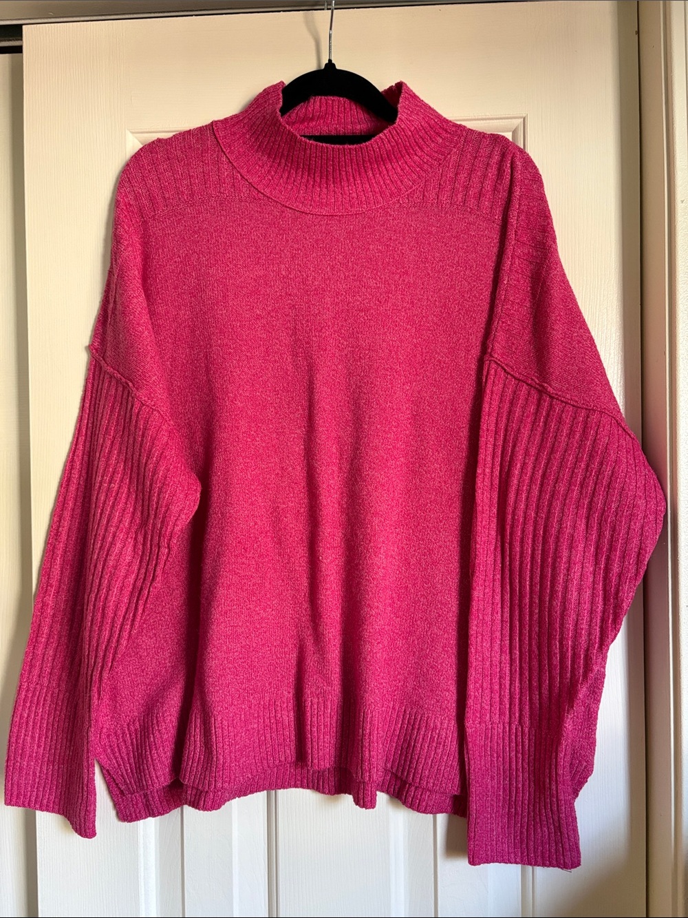 SO Women's Ribbed Cuff Mock Neck Sweater - Fuchsia